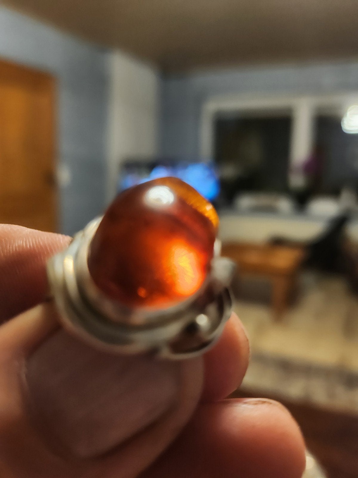 Zilveren ring met grote oranje amber steen, 18 tot 19, Gebruikt, Oranje, Ophalen of Verzenden
