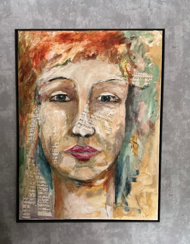 Expressief olieverf schilderij,collage met bladmuziek, Antiek en Kunst, Ophalen, Doek, Portret of Personen, Expressionistisch