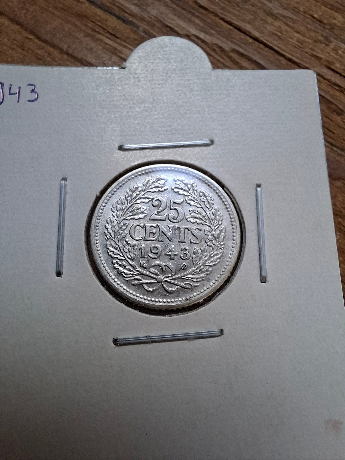 Kwartje 1943 | muntteken P/eikel, Zilver, 25 cent, Ophalen of Verzenden, Koningin Wilhelmina