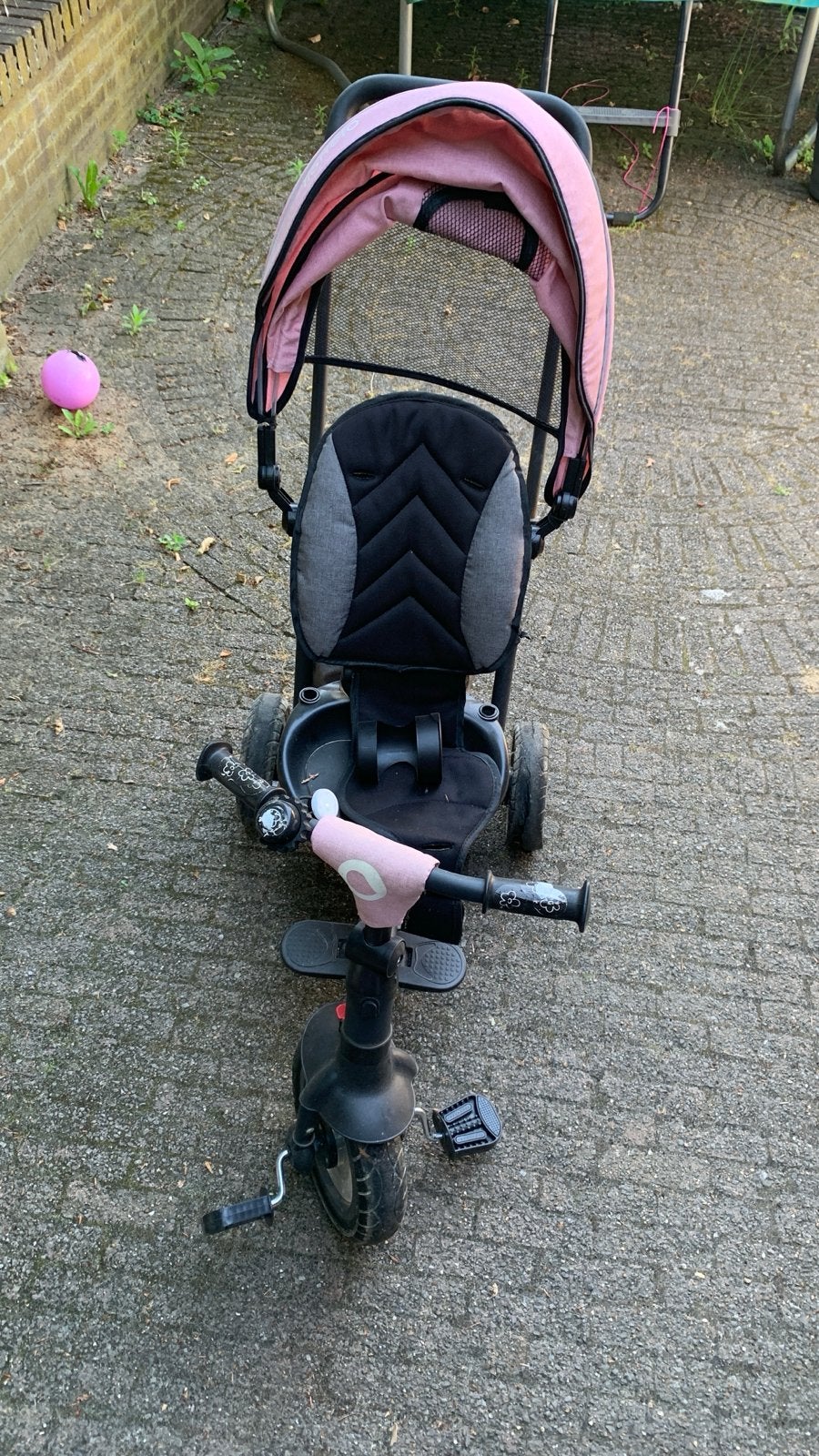 Roze driewieler met duwstang en zonnekap, Ophalen, Gebruikt, Duwstang