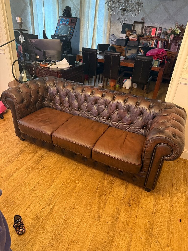 Authentieke Lederen Chesterfield Bank set  3 en 2 zit, Huis en Inrichting, Ophalen, Gebruikt, Chesterfield, Rechte bank