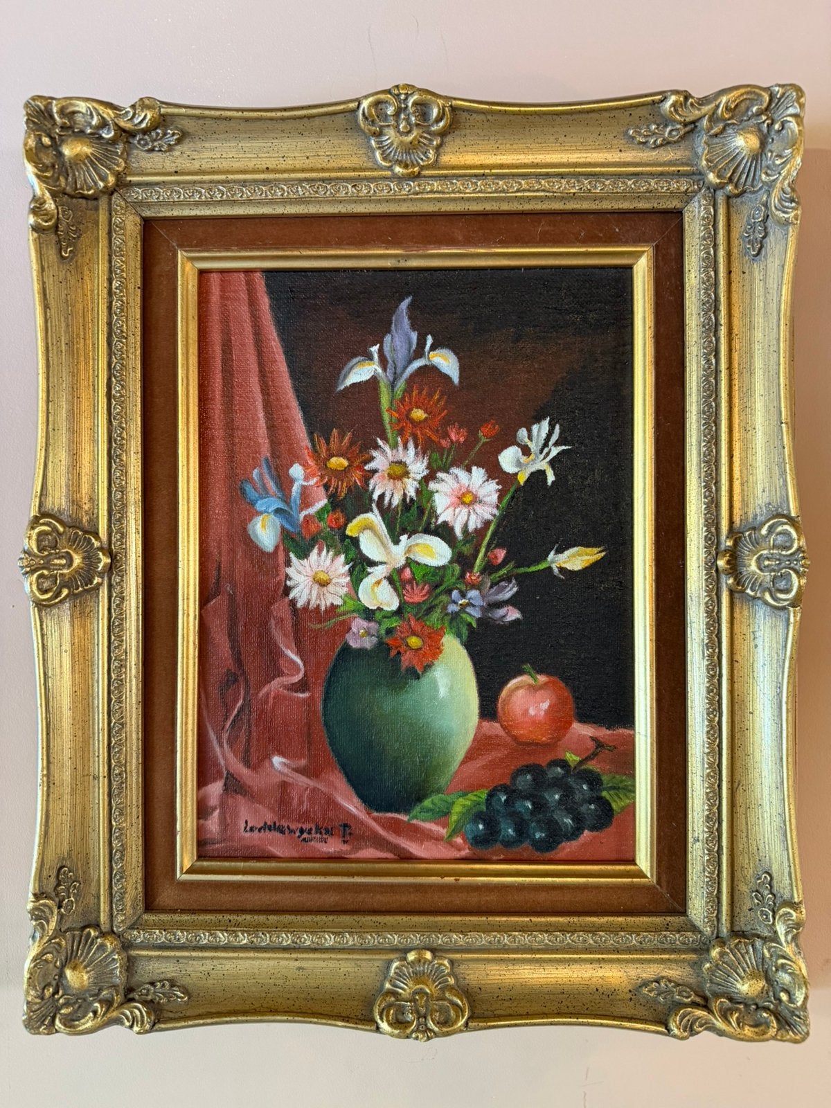 Vintage bloemstilleven in gouden lijst| olieverfschilderij, Bloemen, Doek, Ophalen of Verzenden, Olieverf