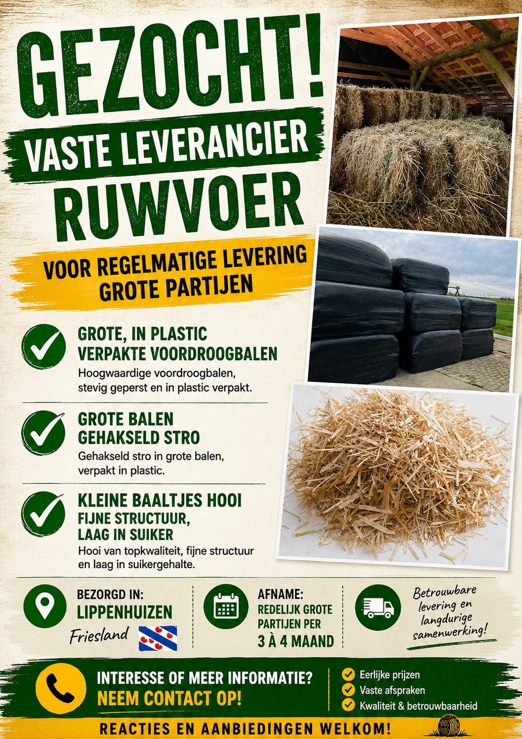 Gezocht vaste leverancier ruwvoer en strooisel