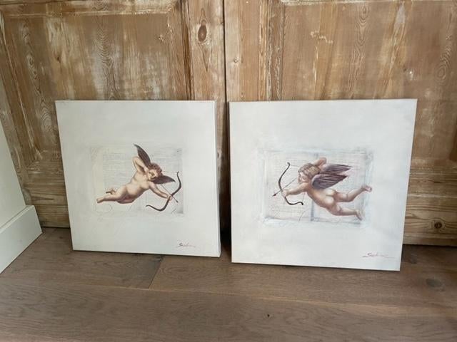2 x schilderij Kerst Engeltjes / cupido / Raffaello. Sabine., Ophalen