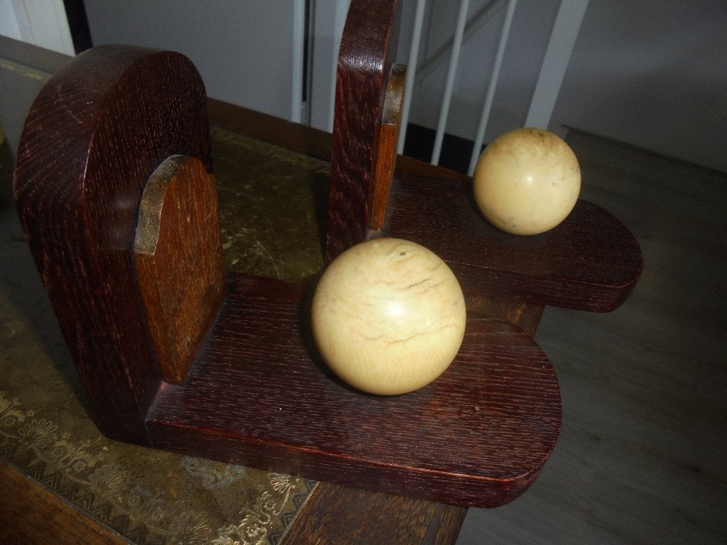art deco houten boekensteunen  met biljart ballen  1910-1930, Ophalen of Verzenden