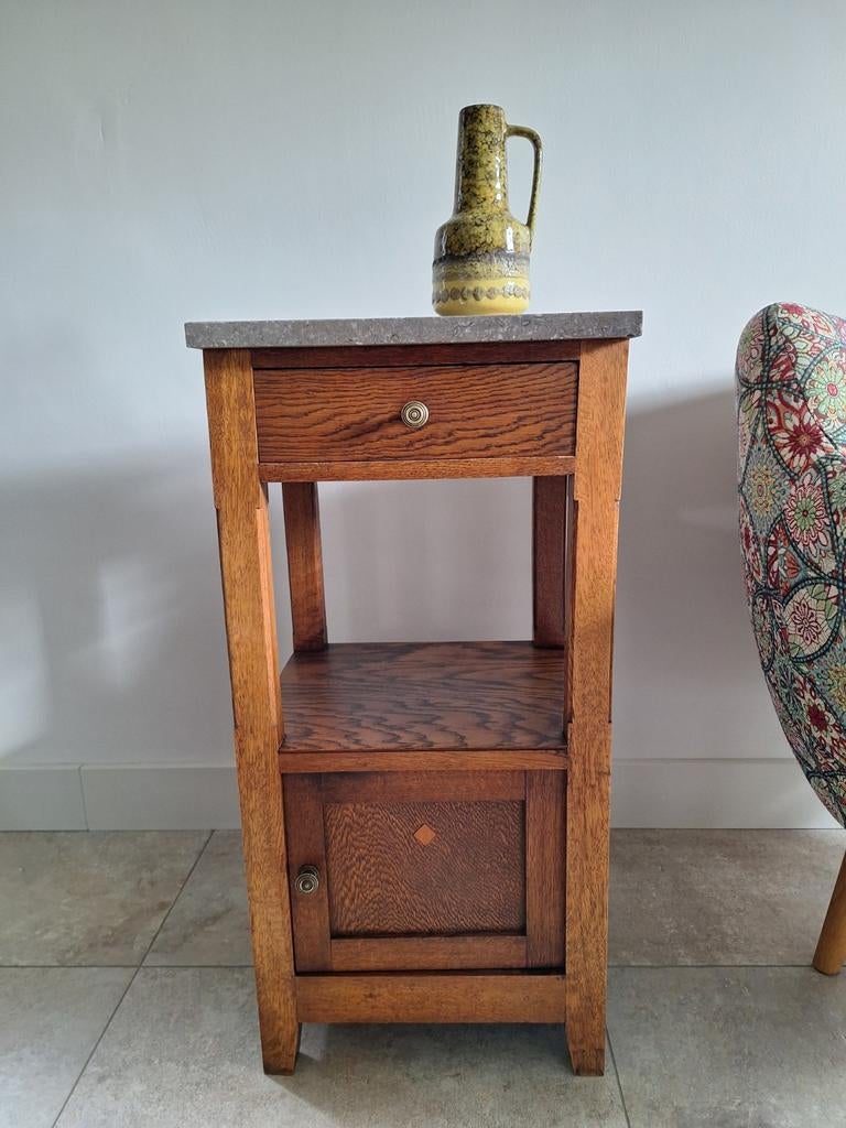 Eikenhouten nachtkastje/plantentafel met marmeren blad, Ophalen, Gebruikt, Minder dan 45 cm, 70 cm of meer