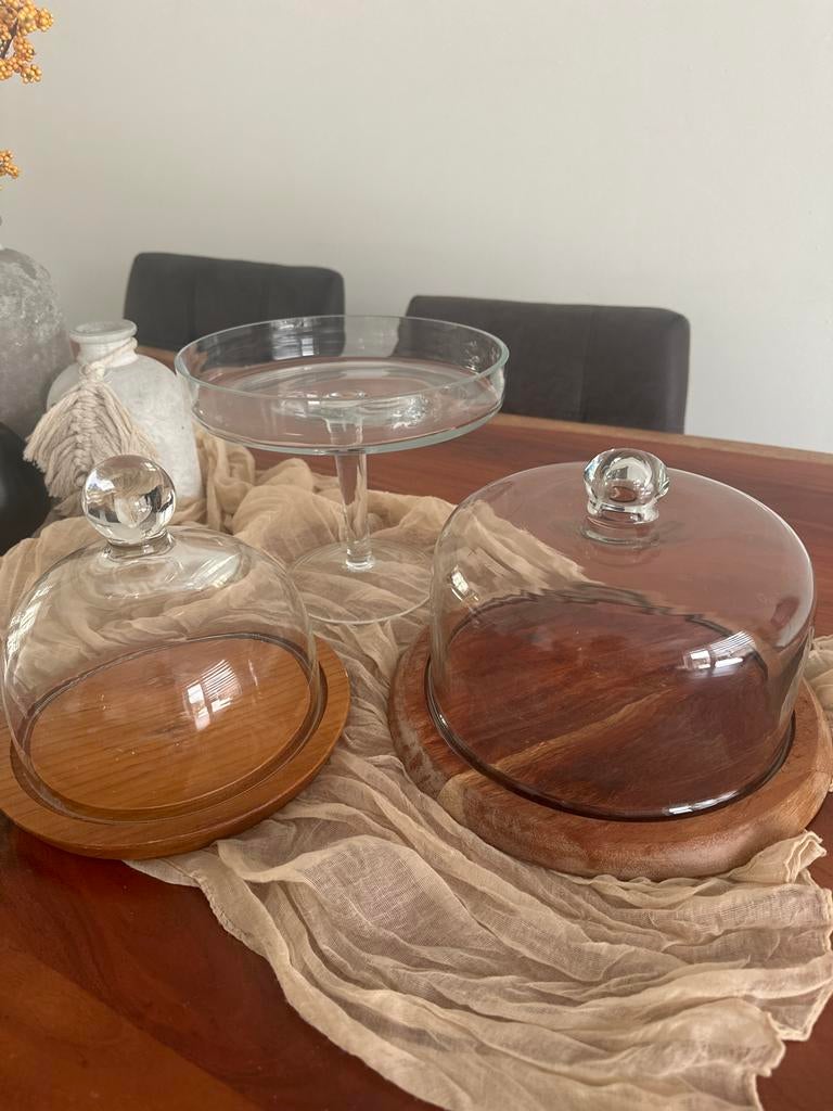 Glazen stolpen met houten onderzetters en taartplateau, Ophalen of Verzenden, Zo goed als nieuw, Glas