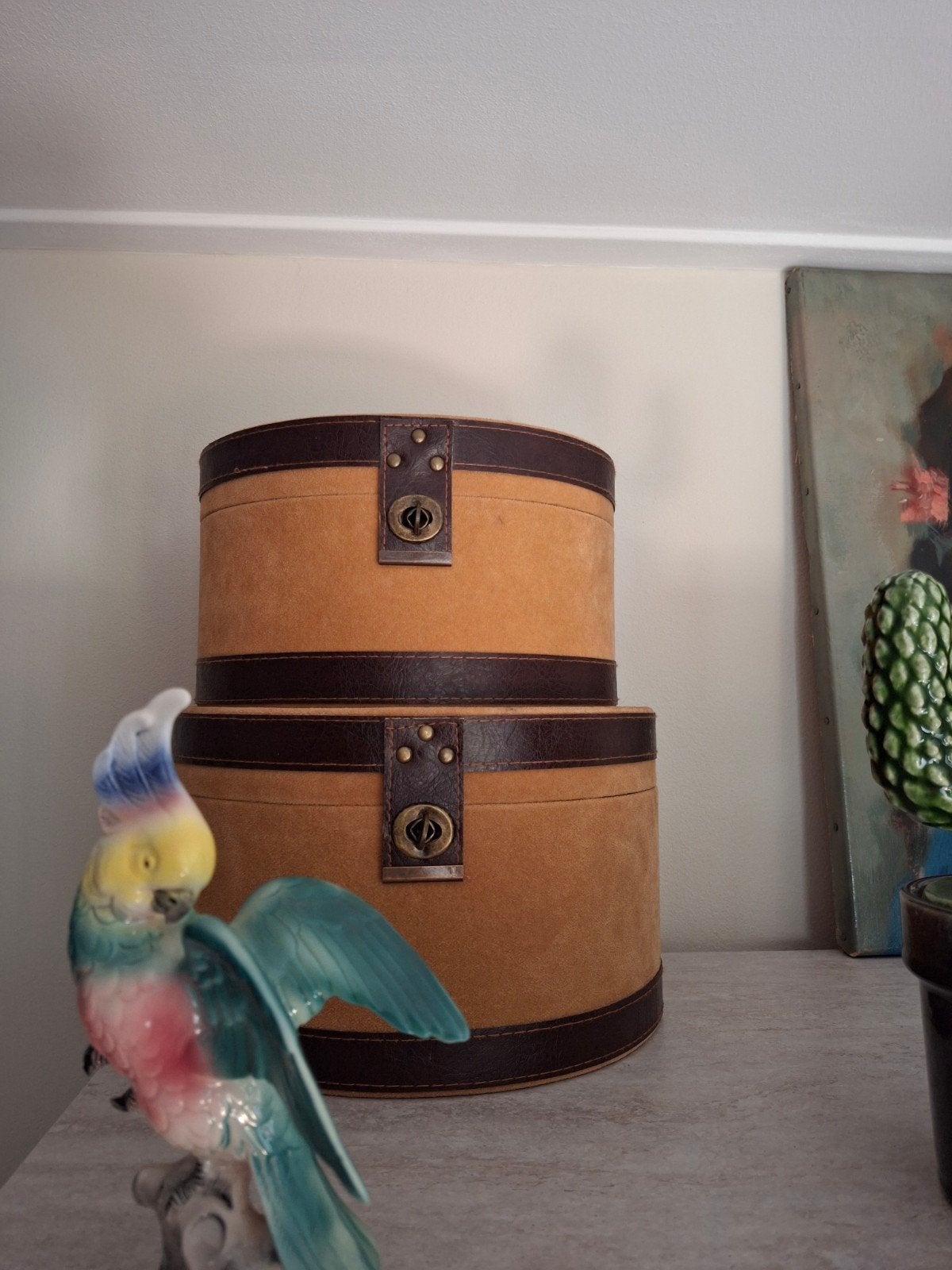 2 Prachtige Brocante Hoedendozen van Fluweel, Ophalen of Verzenden