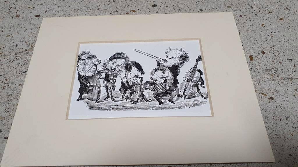 Cartoon prent van orkest, Ophalen of Verzenden, Voor 1940, Gebruikt, Overige onderwerpen