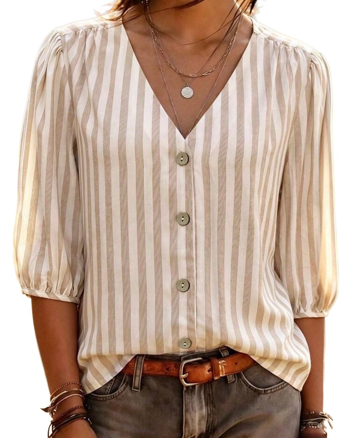 Gestreepte V-hals Blouse met Korte Mouwen (44-50), Verzenden, Nieuw, Beige, Shirt of Top