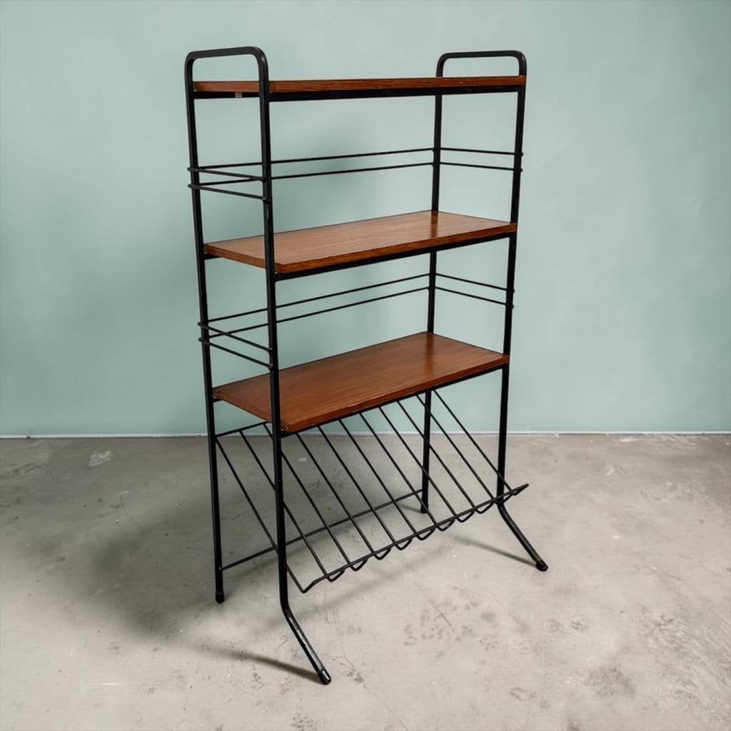 Vintage zwarte staande rek / etagere met hout accent, Ophalen, Gebruikt