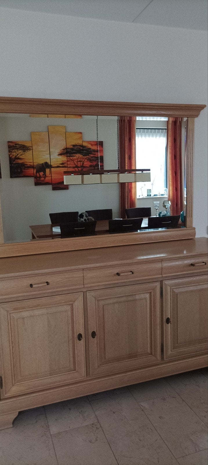 Vintage eiken dressoir met spiegel, Ophalen, Gebruikt, 50 tot 75 cm, 200 cm of meer