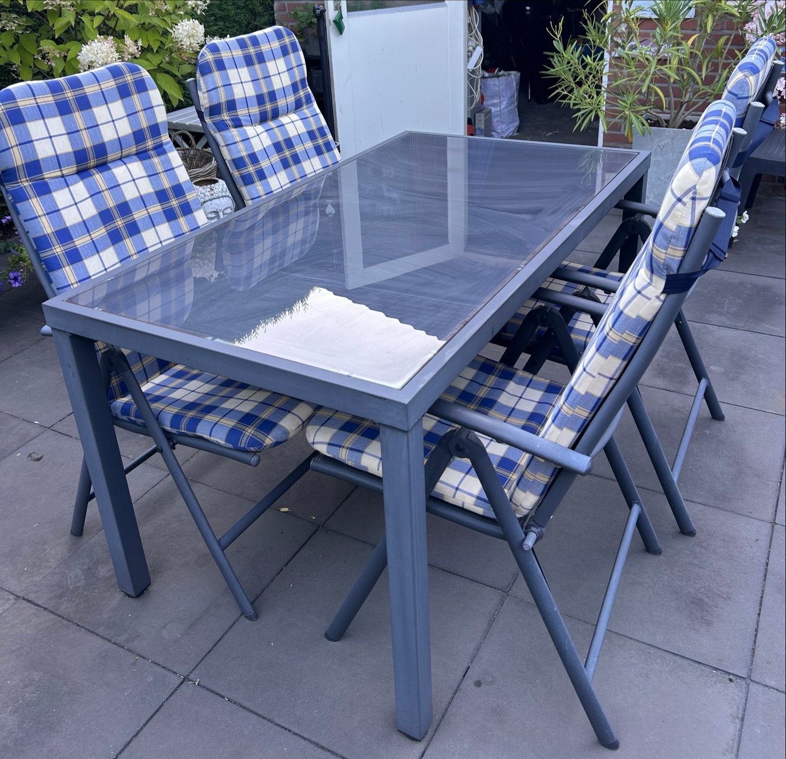 6 tuinstoelkussens, blauw/wit geruit, Tuin en Terras, Ophalen, Gebruikt