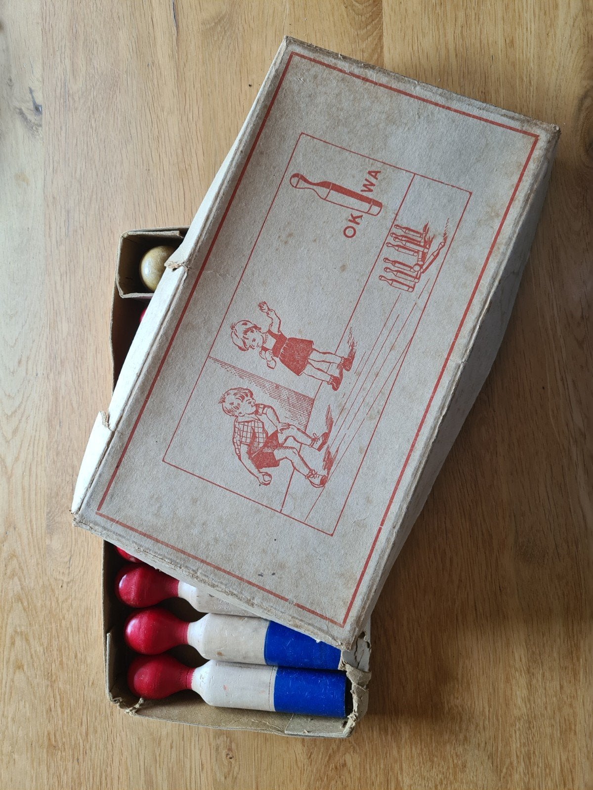 Vintage OKWA Kegelspel - Houten Kegels en Ballen in Doos, Ophalen