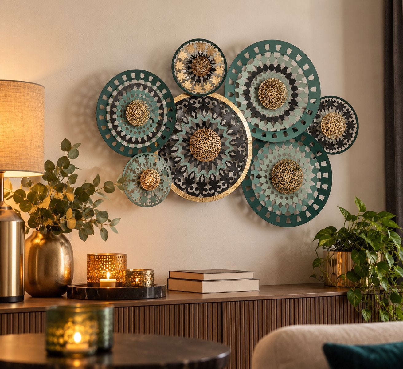 Metalen wanddecoratie turqouise, goud en zwart – 78  45 cm, Ophalen, Zo goed als nieuw