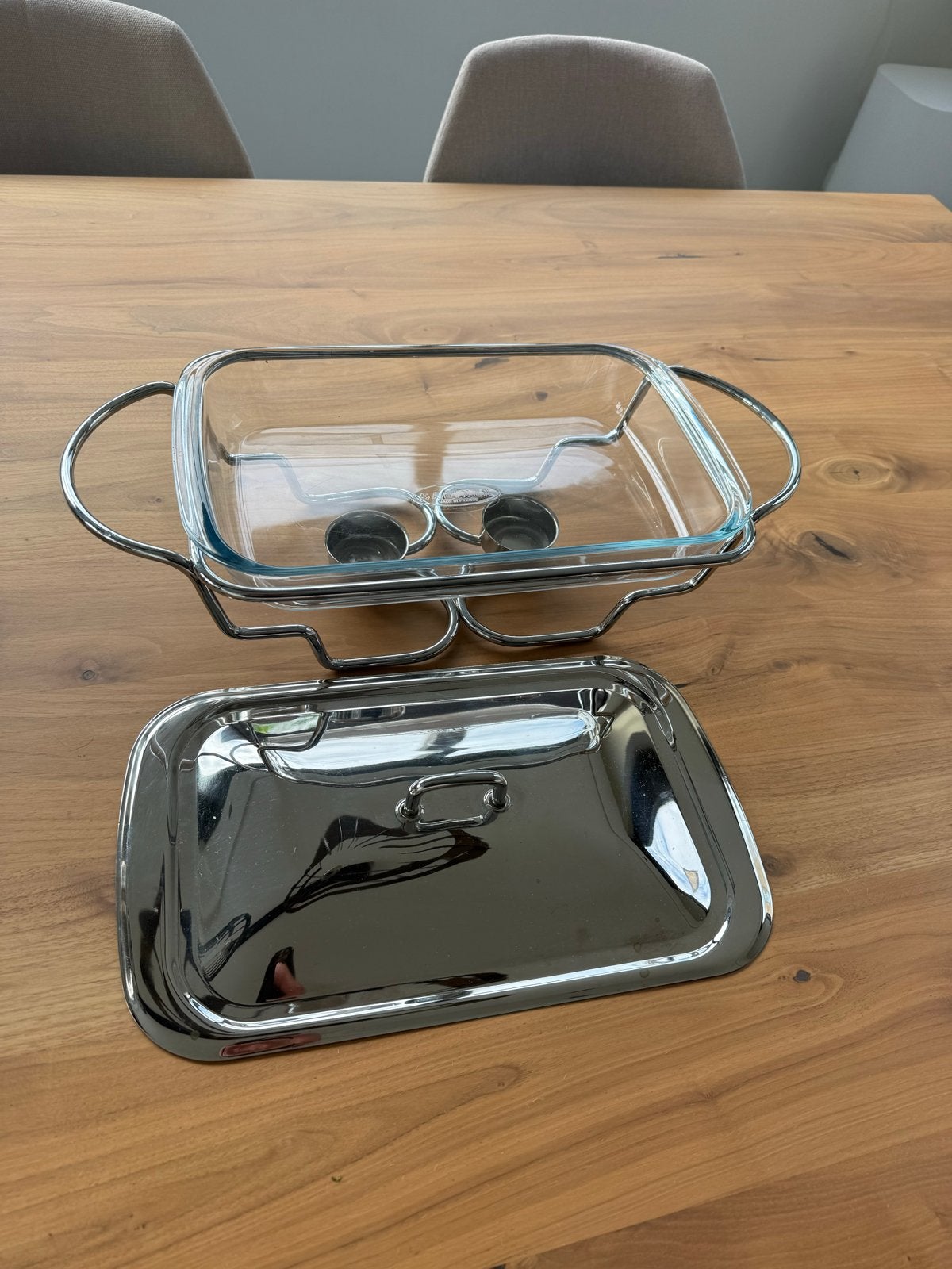 Glazen ovenschaal met warmhoudrek en deksel, Ophalen, Zilver, Zo goed als nieuw, Overige merken