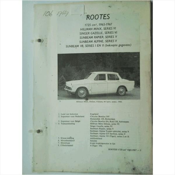 Rootes Hillman Minx Sunbeam Vraagbaak losbladig 1965-1967 #2, Ophalen of Verzenden, Gelezen, Overige merken