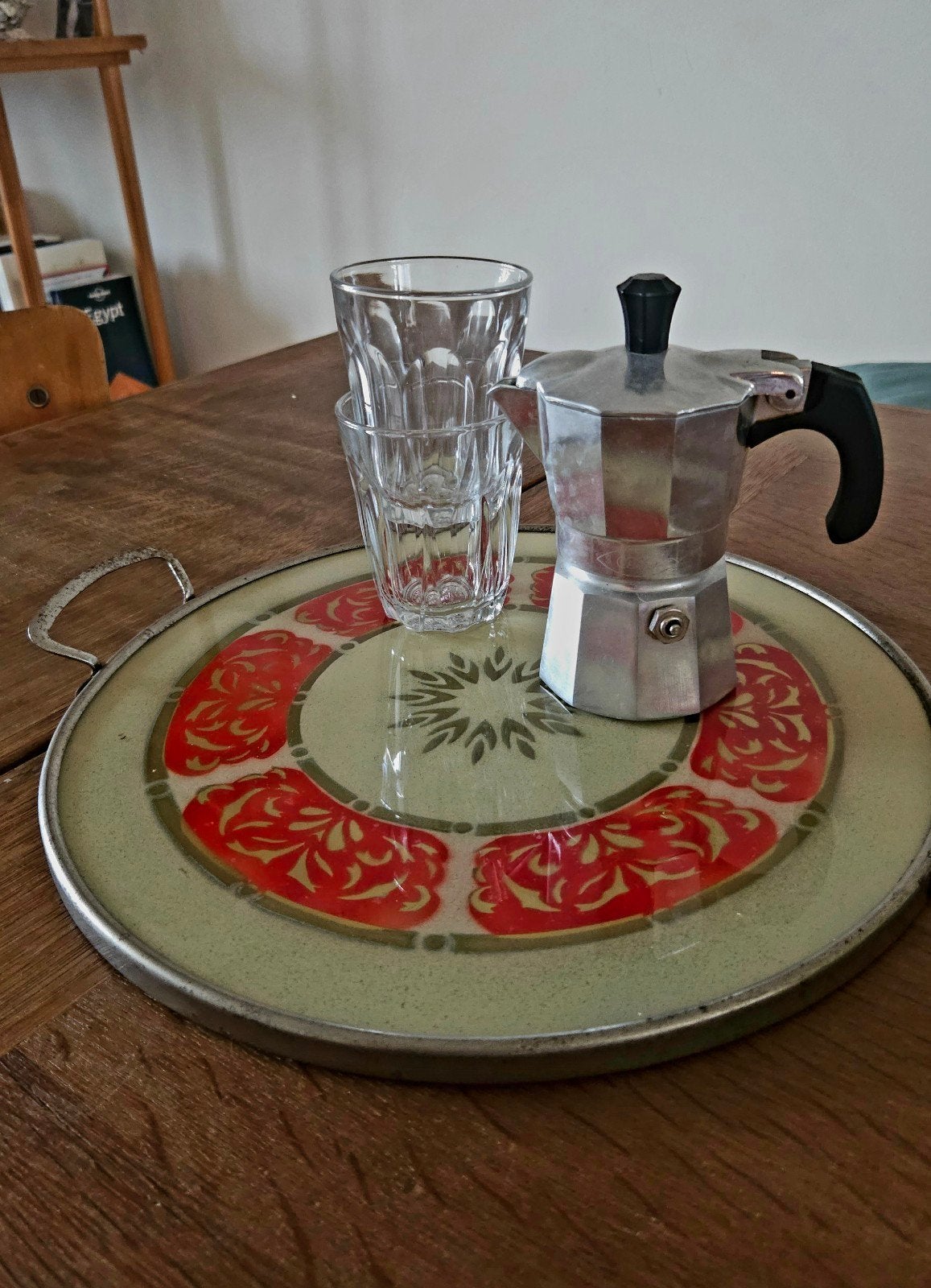 Vintage rond dienblad, glas met metalen rand, Ophalen of Verzenden