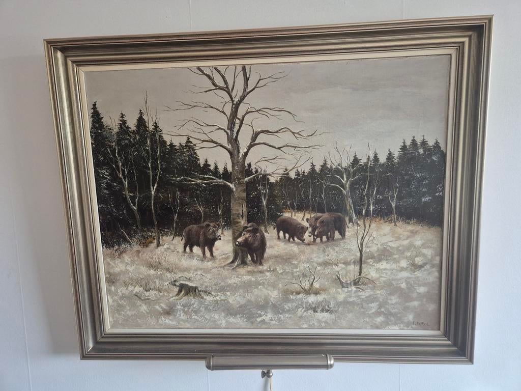 Schilderij met wilde zwijnen in winterlandschap, Ophalen