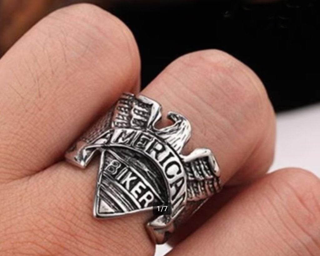 American Eagle Biker ring Ø 20,6 mm, 20 of groter, Heer, Nieuw, Zilver