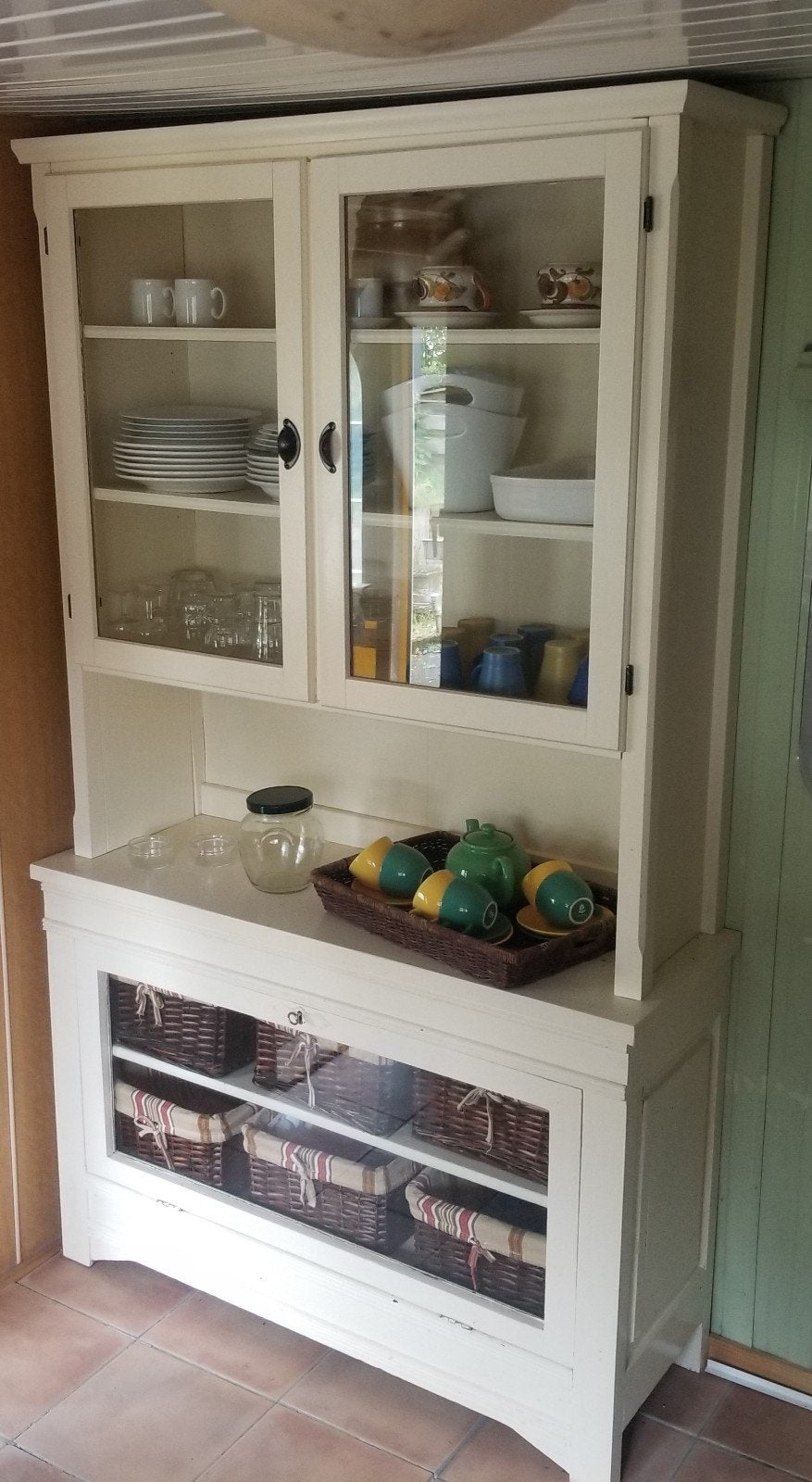 Brocante landelijke buffetkast, Ophalen, 100 tot 150 cm, Glas, Landelijk, Antiek