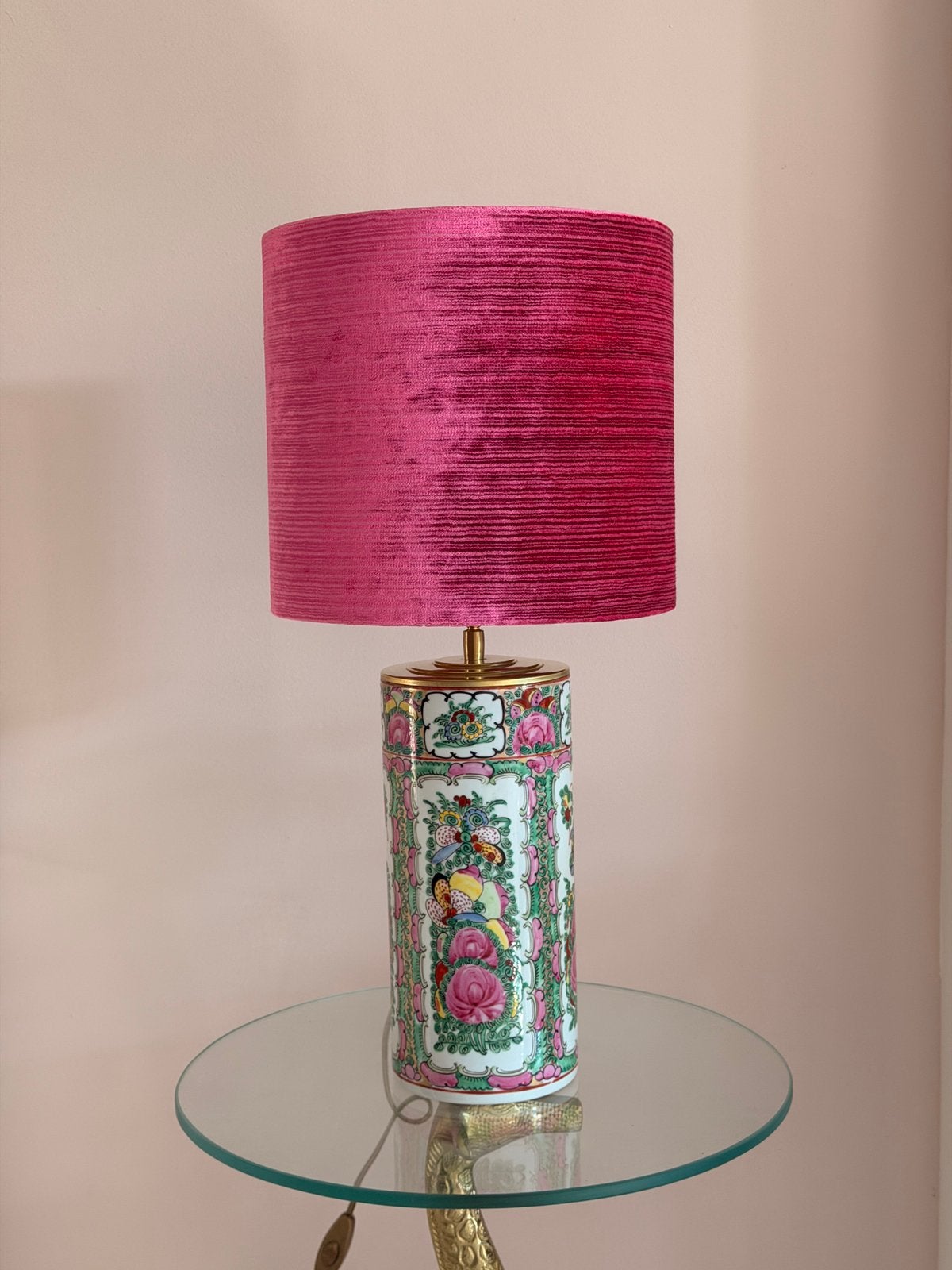Chinese rolvaas-lamp met roze velours kap dia 25cm, Roze, Ophalen of Verzenden, Nieuw, E27 (groot)