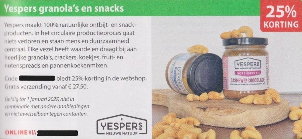 Yespers granola's en snacks. 25% korting Postcodeloterij bon, Eén persoon, Kortingsbon, Warenhuis- of Winkelbon