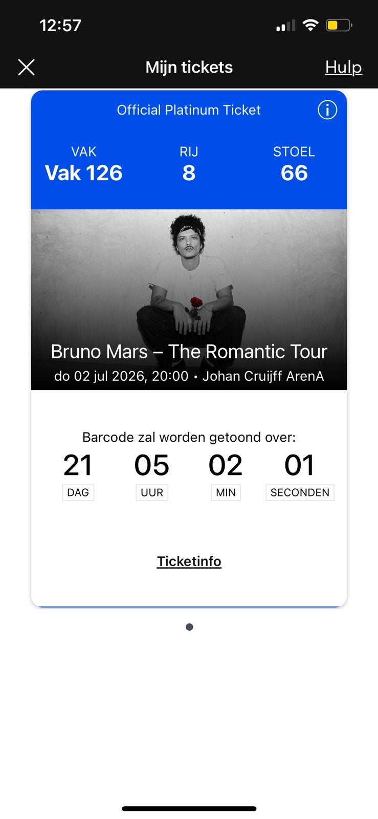 Platinum ticket Bruno Mars 2 juli Amsterdam, Eén persoon, Juli