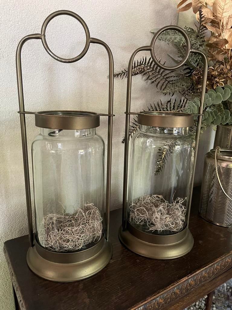 2 stijlvolle glazen lantaarns /windlichten – goud/brons look, Ophalen, Zo goed als nieuw, Metaal, Kandelaar