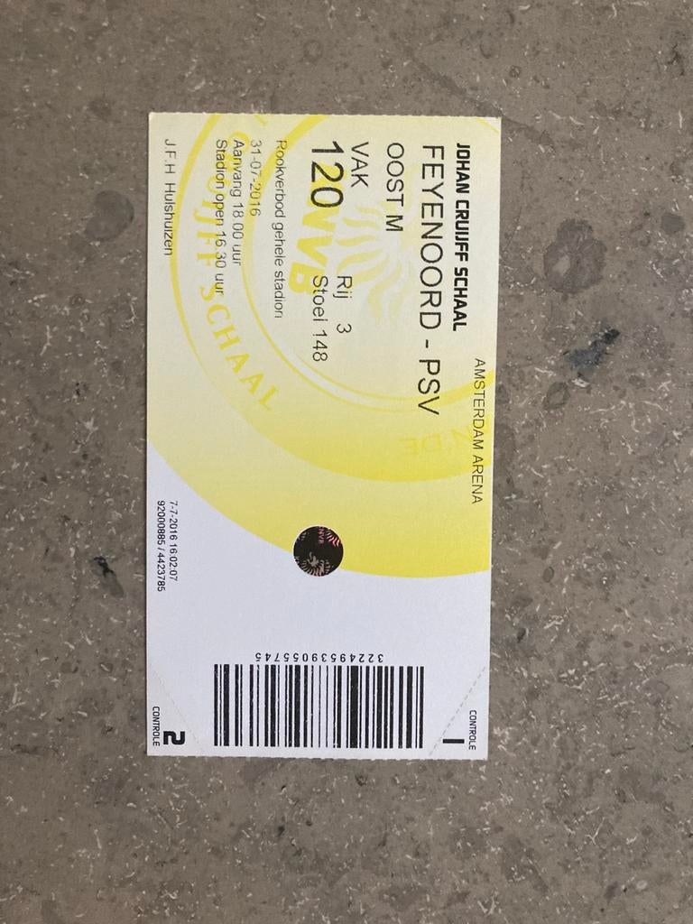 TICKET FEYENOORD-PSV JOHAN CRUIJFF SCHAAL 2016, Ophalen of Verzenden, Zo goed als nieuw, Feyenoord, Overige typen