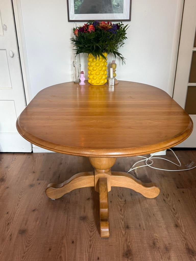Uitschuifbare ovale houten eettafel, Ophalen, Gebruikt, 100 tot 150 cm, 50 tot 100 cm
