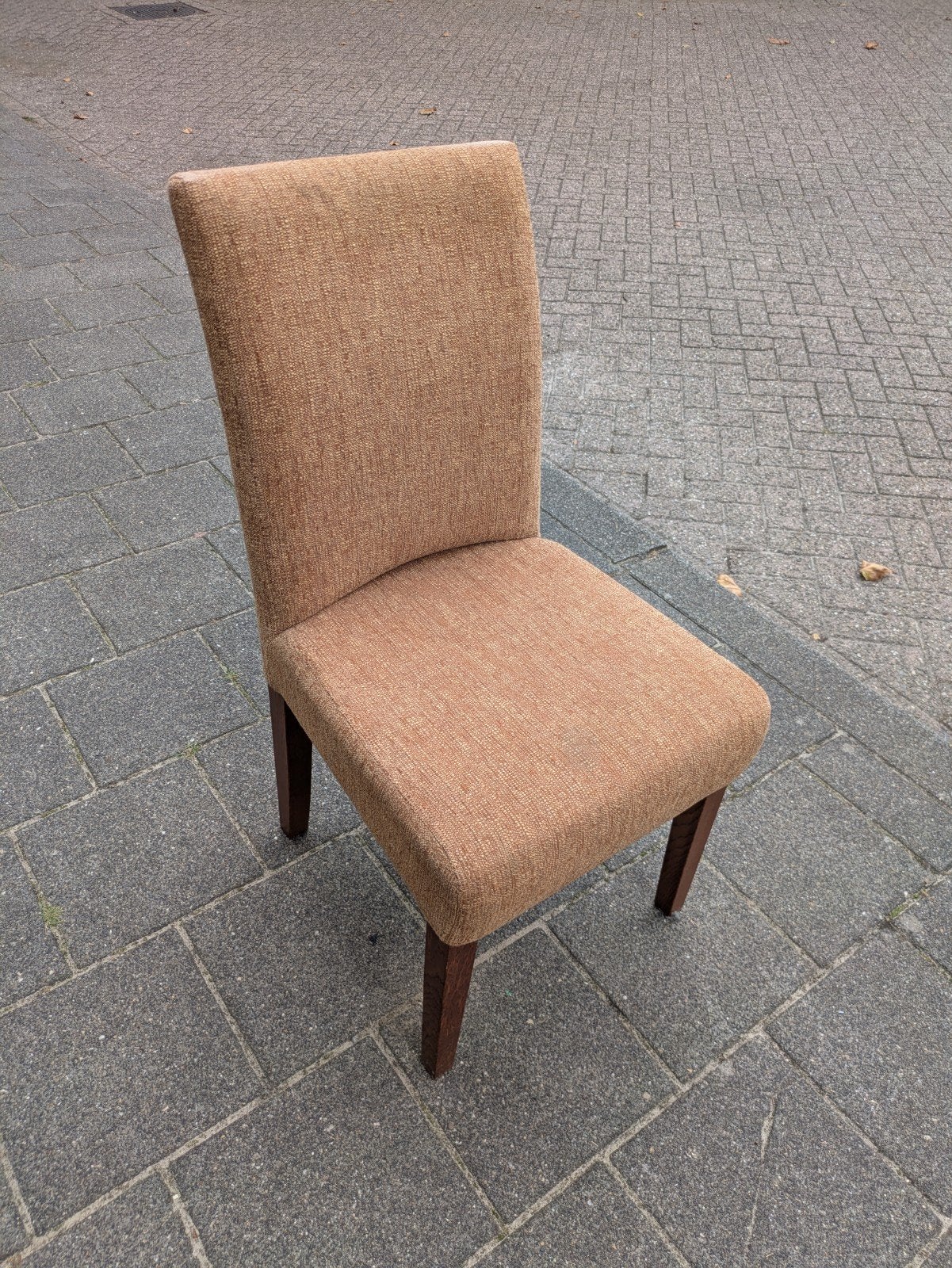 6 x Comfortabele eetkamerstoel - Bruin stof, Ophalen, Gebruikt, Bruin, Stof