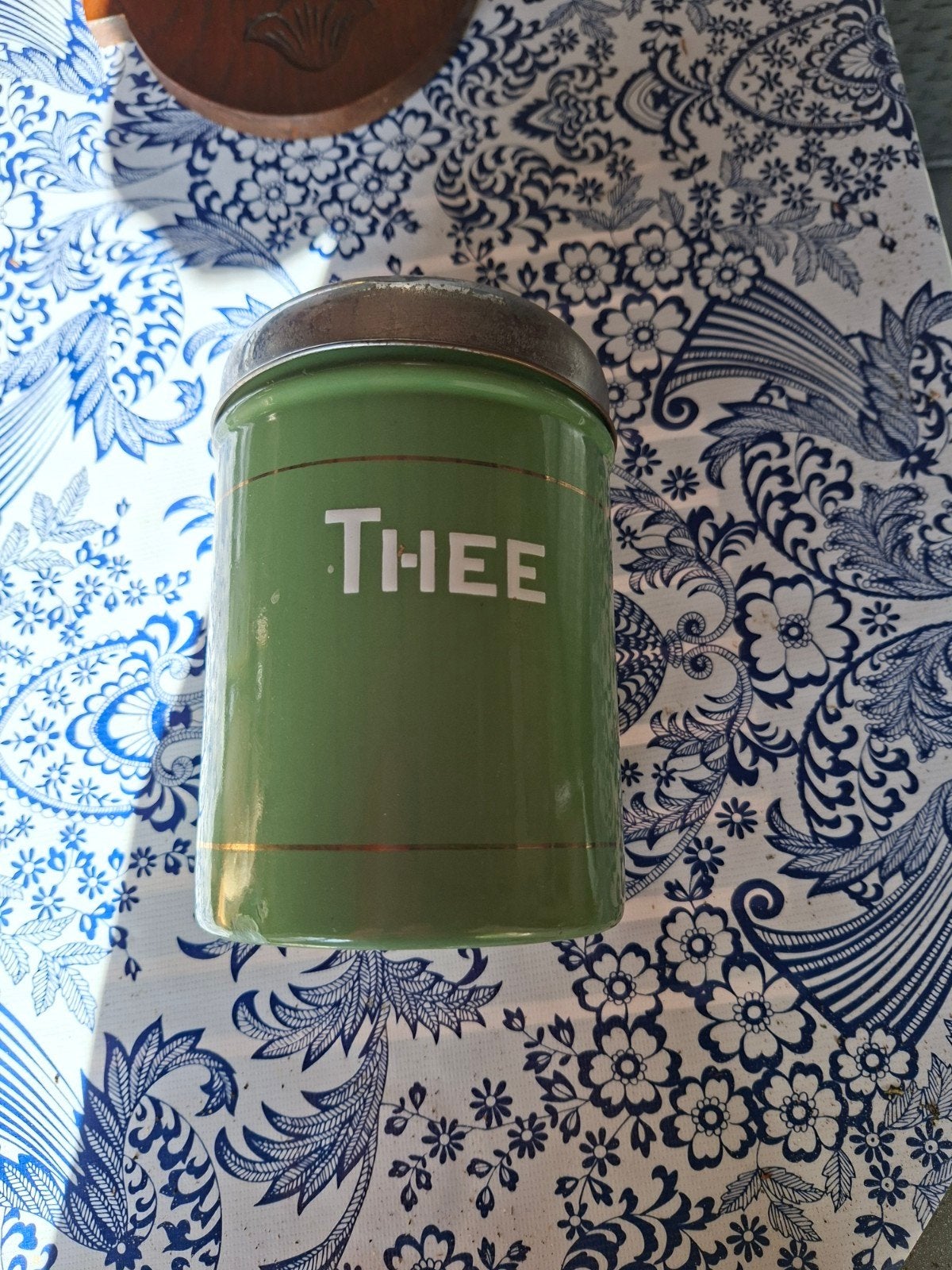 Vintage groen theeblik met opschrift 'THEE', Ophalen