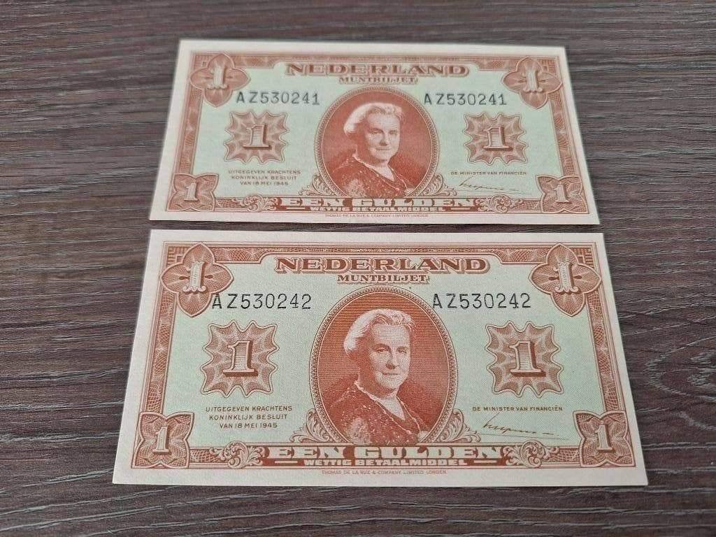2 UNC biljetten 1 gulden 1945 Wilhelmina, opvolgend serienr., Postzegels en Munten, Bankbiljetten | Nederland, Ophalen of Verzenden