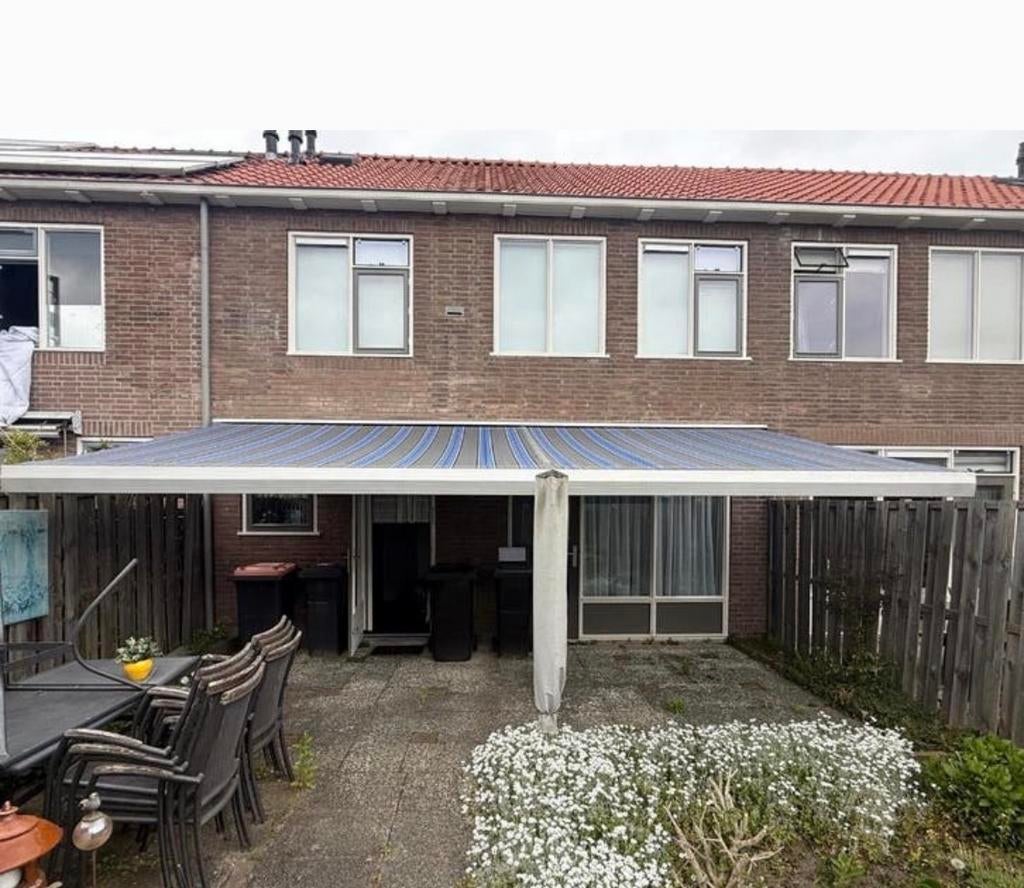 Elektrisch Zonnescherm knikarmscherm blauw/zwart gestreept, Tuin en Terras, Zonneschermen, Ophalen of Verzenden