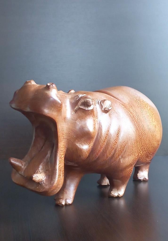 Uniek handgesneden grote houten beeld – Nijlpaard, Antiek en Kunst, Ophalen of Verzenden