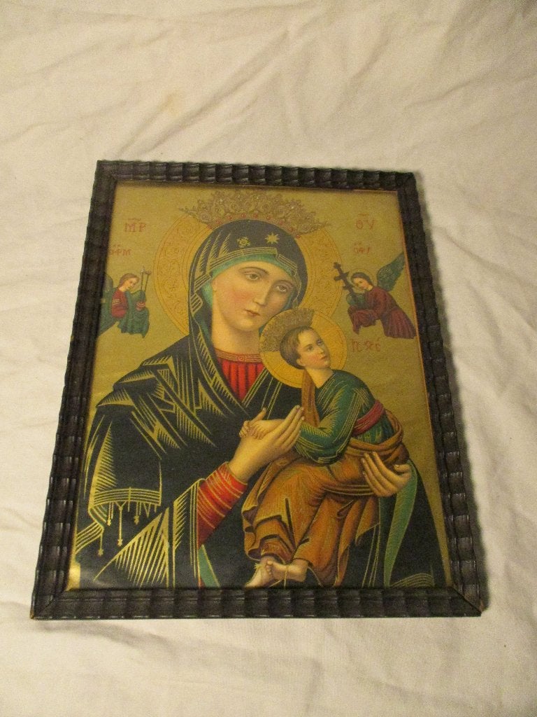 antiek religie lijstje Maria met kind, Ophalen of Verzenden