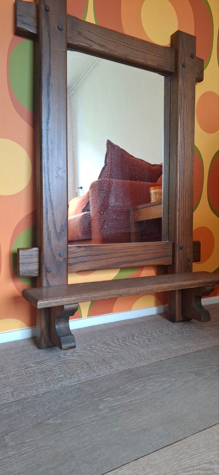 Vintage, brutalistisch, space age, midcentury houten spiegel, Ophalen, Rechthoekig, 50 tot 100 cm, 100 tot 150 cm