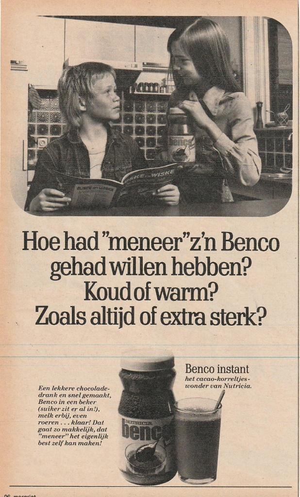 Retro reclame 1975 Nutricia Benco chocolademelk & jongetje, Verzenden, Overige typen