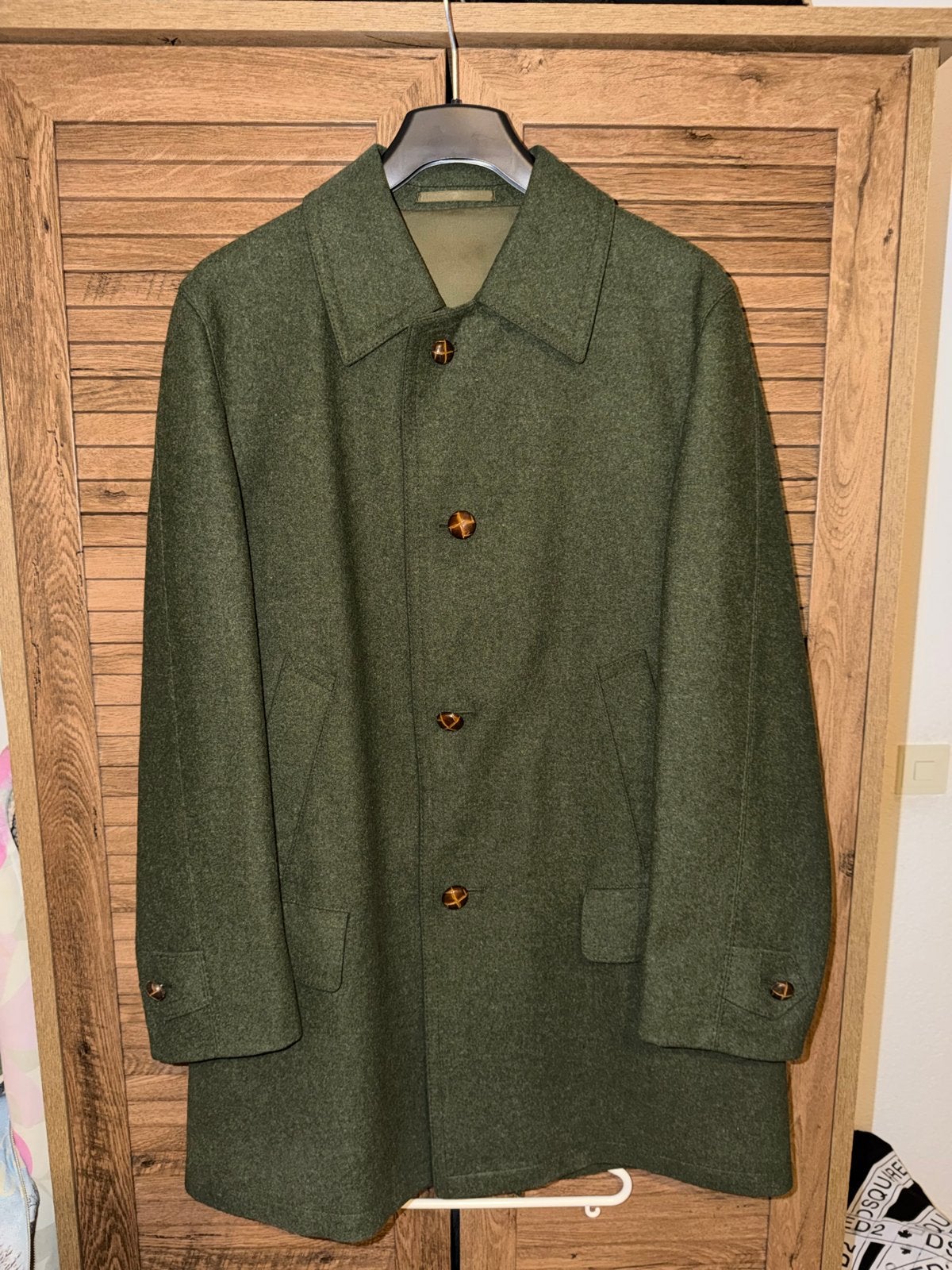 Groene wollen herenjas met geruite voering, Ophalen of Verzenden, Zo goed als nieuw, Maat 52/54 (L), Groen