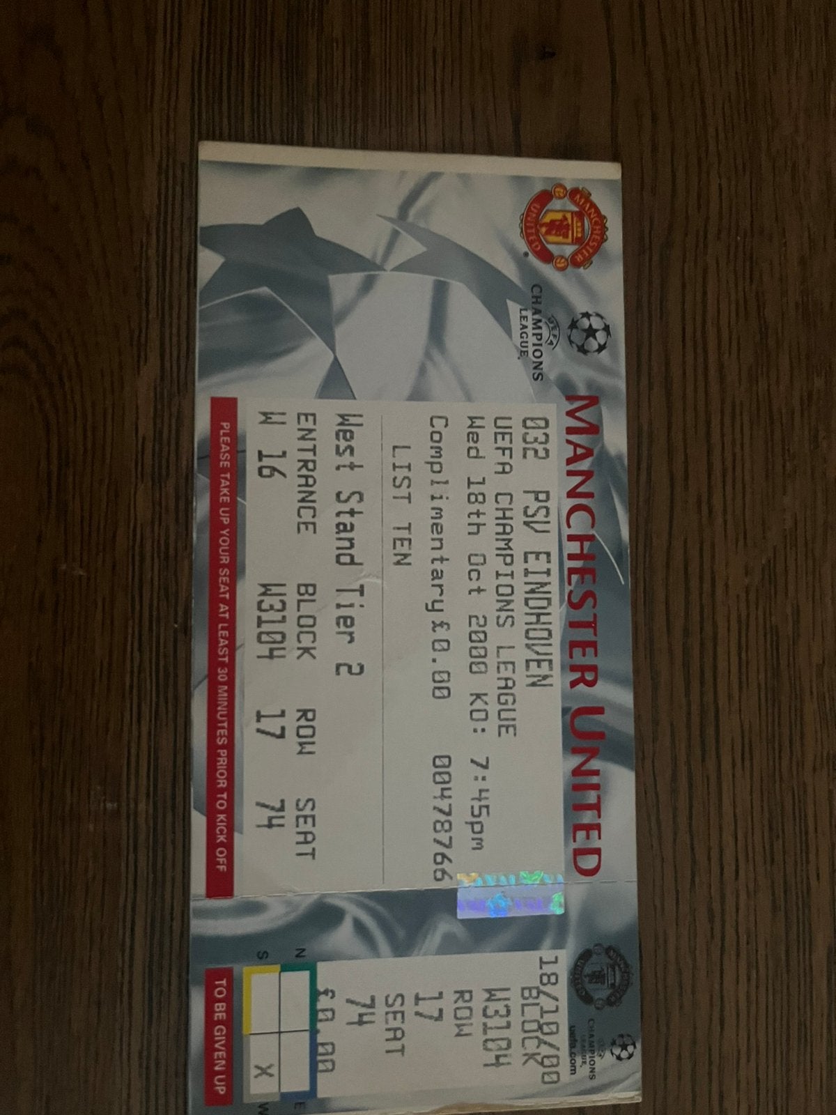 TICKET MANCHESTER UNITED-PSV 00-01, Verzamelen, Ophalen of Verzenden, Zo goed als nieuw, PSV, Overige typen