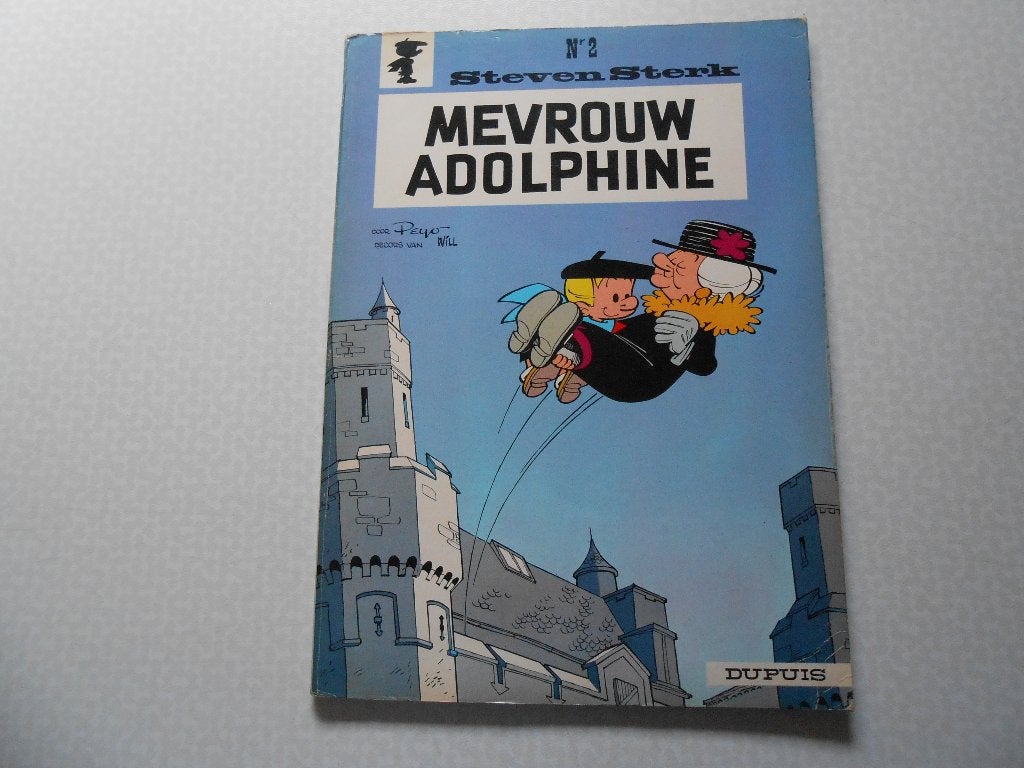 Steven sterk 2 Mevrouw Adolphine 1965 1 ste druk., Gelezen, Peyo, Eén stripboek, Ophalen of Verzenden