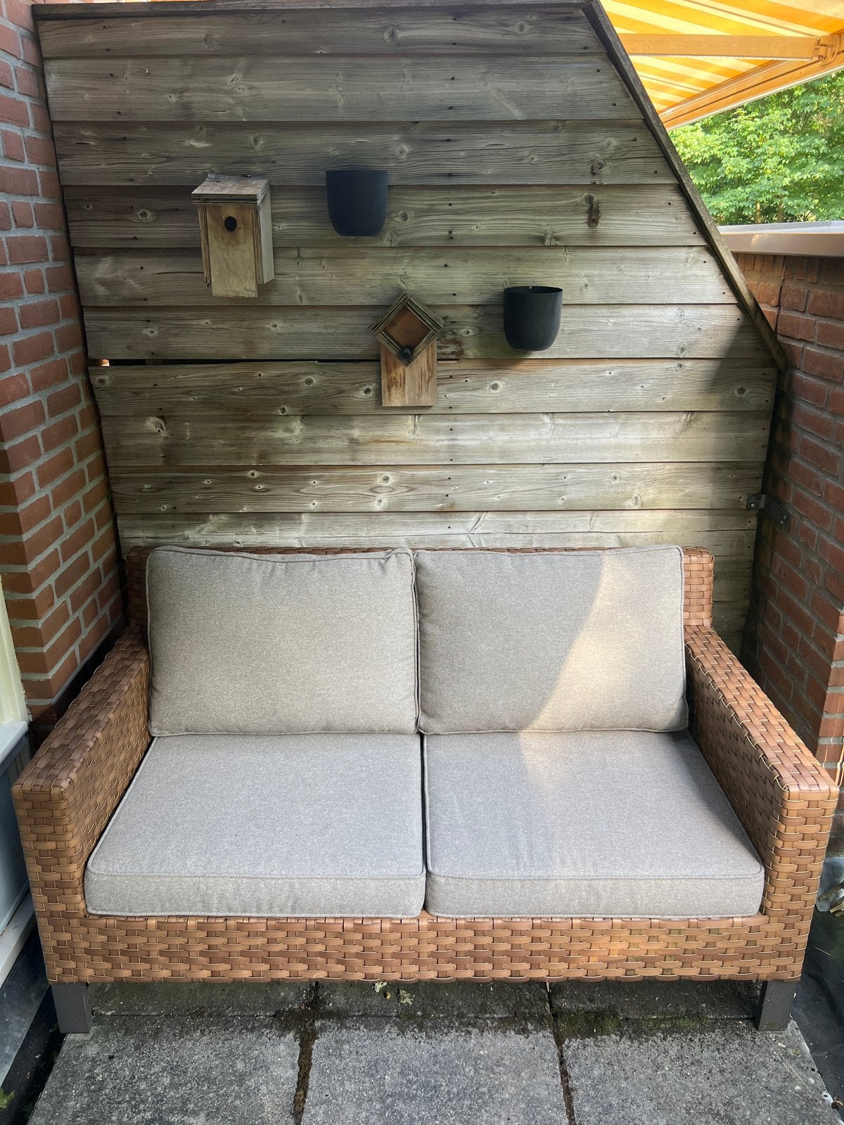 Tuinbank inclusief kussens (vlechtwerk) 150 cm breed, Ophalen, Zo goed als nieuw, Bank