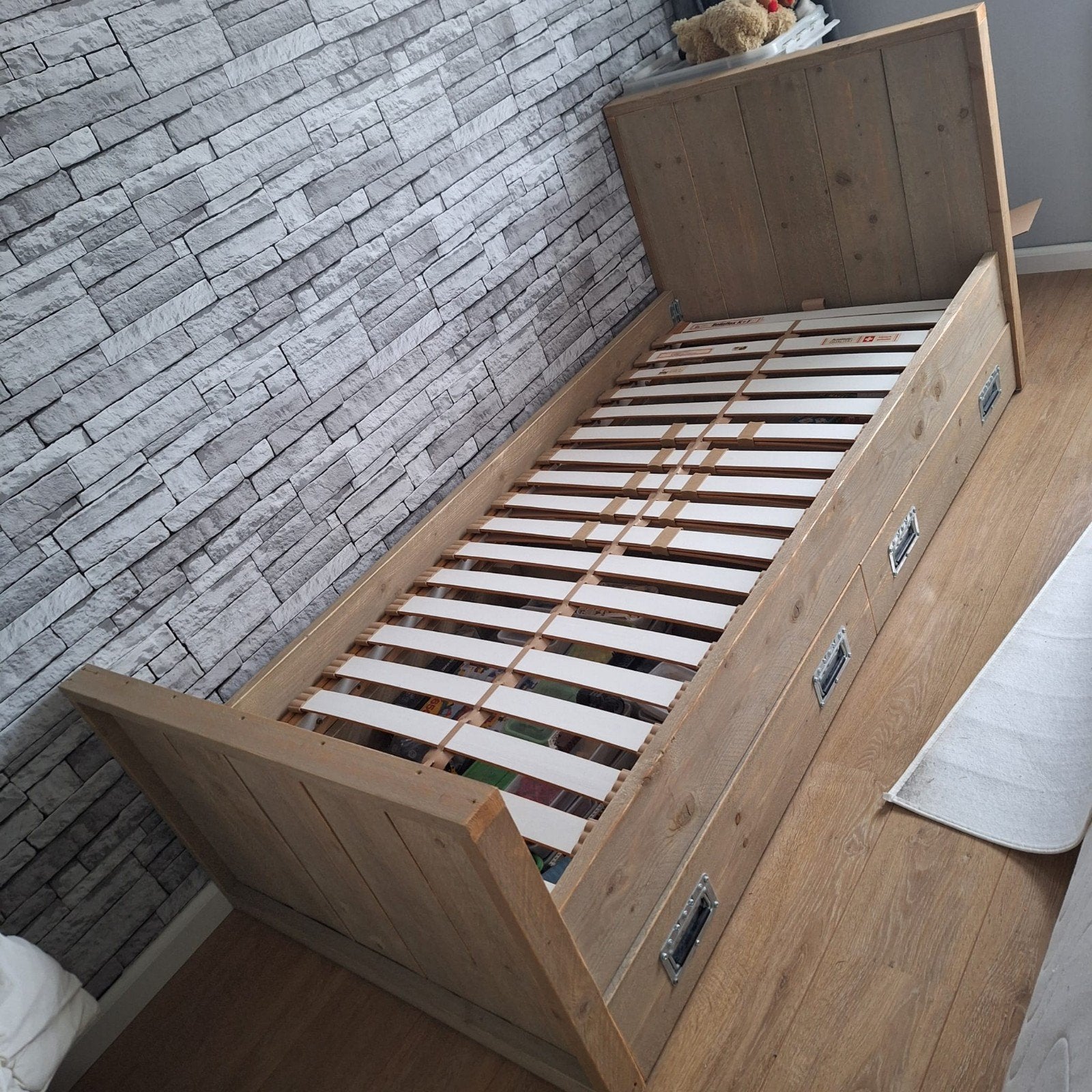 Steigerhout bed met bureau, Ophalen, Eenpersoons, Hout, 90 cm