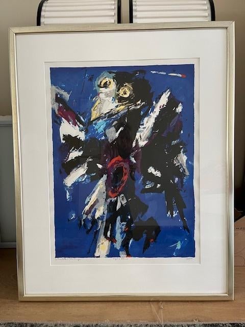 Schilderij zeefdruk "Vogel in Blauw" van Charlotte Molenkamp, Ophalen
