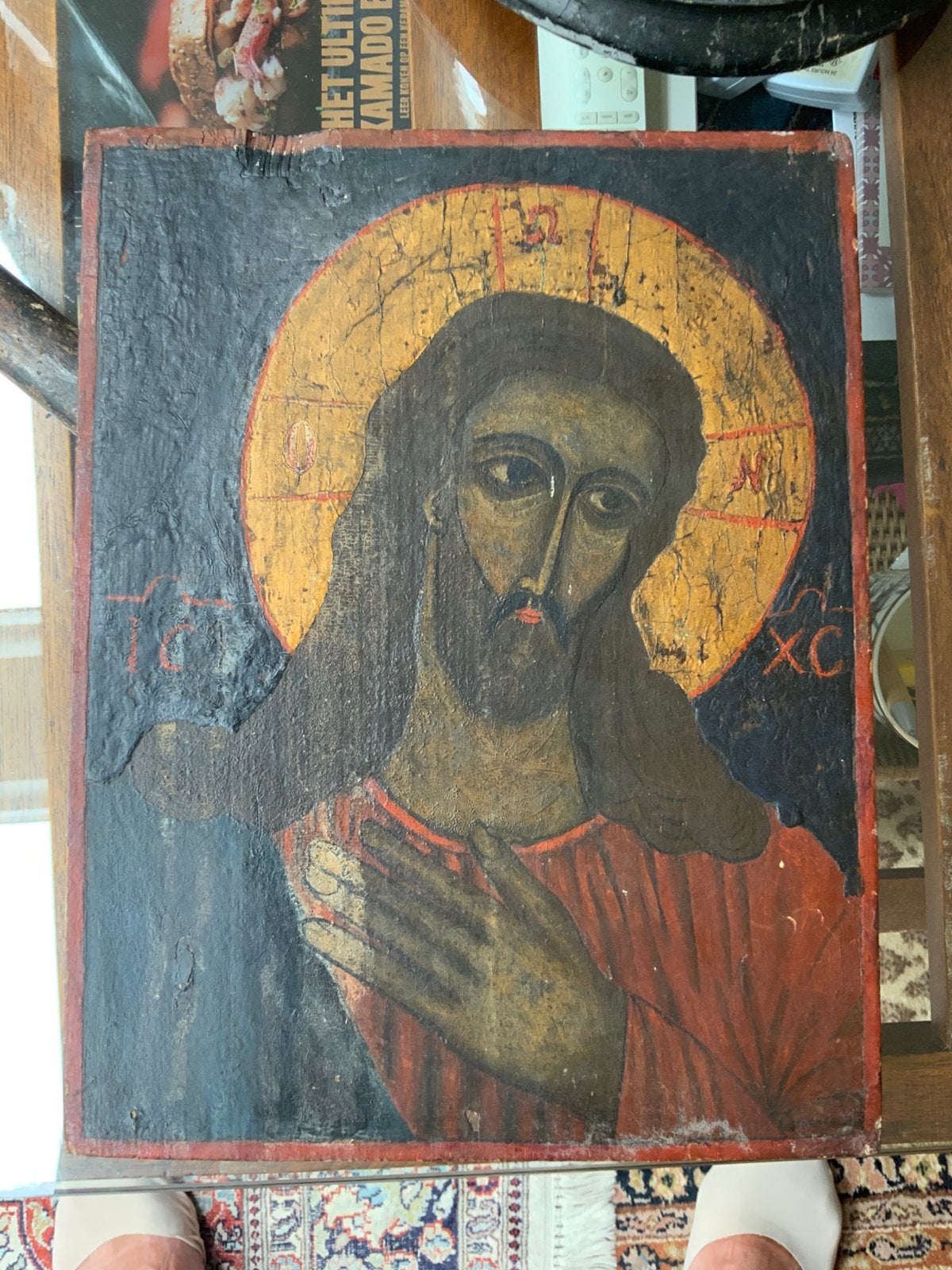 Antieke Orthodoxe Ikoon Christus Pantokrator 18e/19e eeuw, Antiek en Kunst, Antiek | Religie, Ophalen of Verzenden