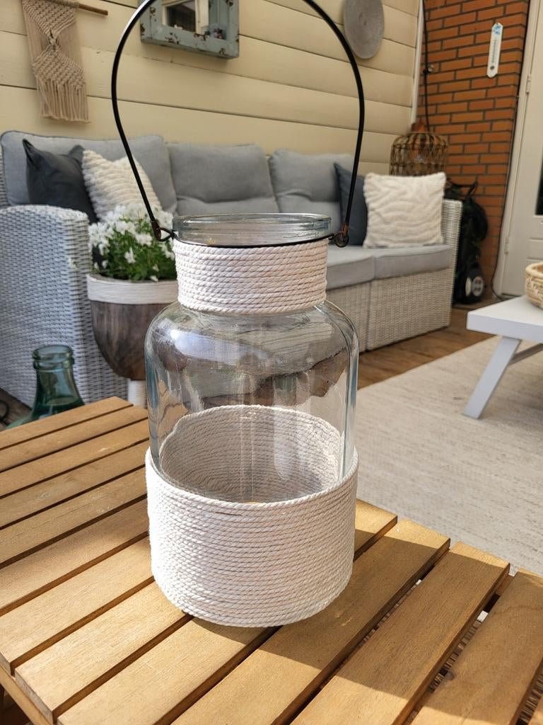 Glazen windlicht met macrametouwdecoratie, Ophalen, Overige kleuren, Minder dan 50 cm, Glas