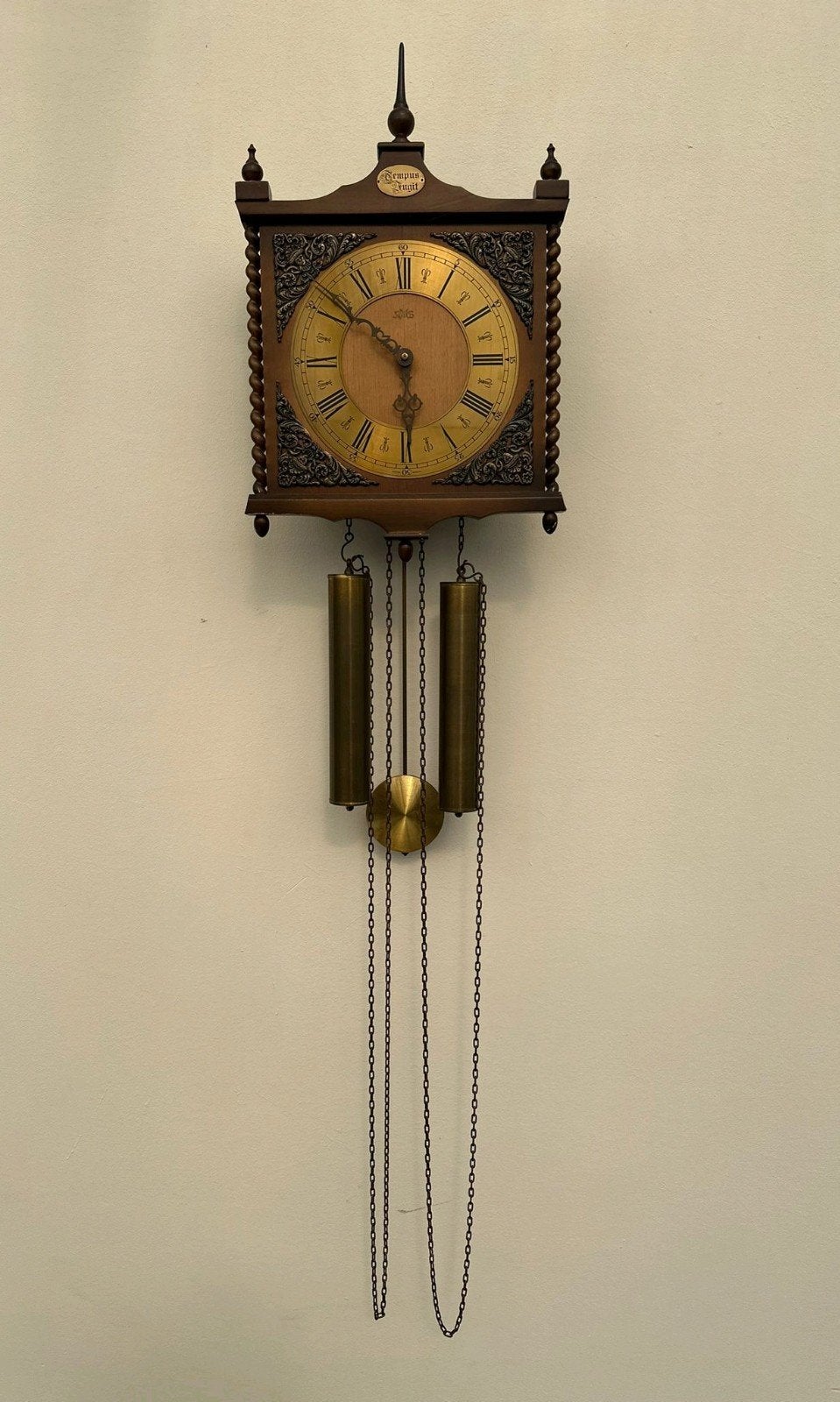 Antieke wandklok met gewichten - Tempus Fugit, Ophalen of Verzenden