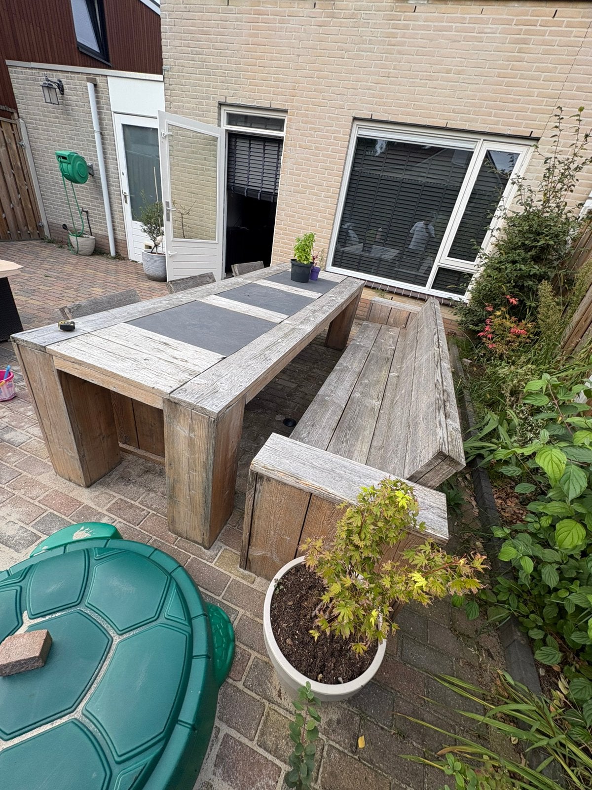 Steigerhouten tuinset, Tuin en Terras, Ophalen, Zo goed als nieuw, Steigerhout, Bank