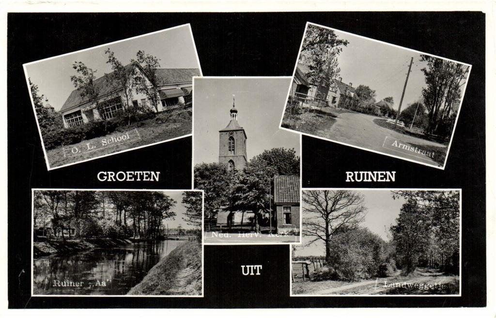 Groeten uit Ruinen - 5 afb dorp - 1958 gelopen, Ophalen of Verzenden, 1940 tot 1960, Gelopen, Drenthe
